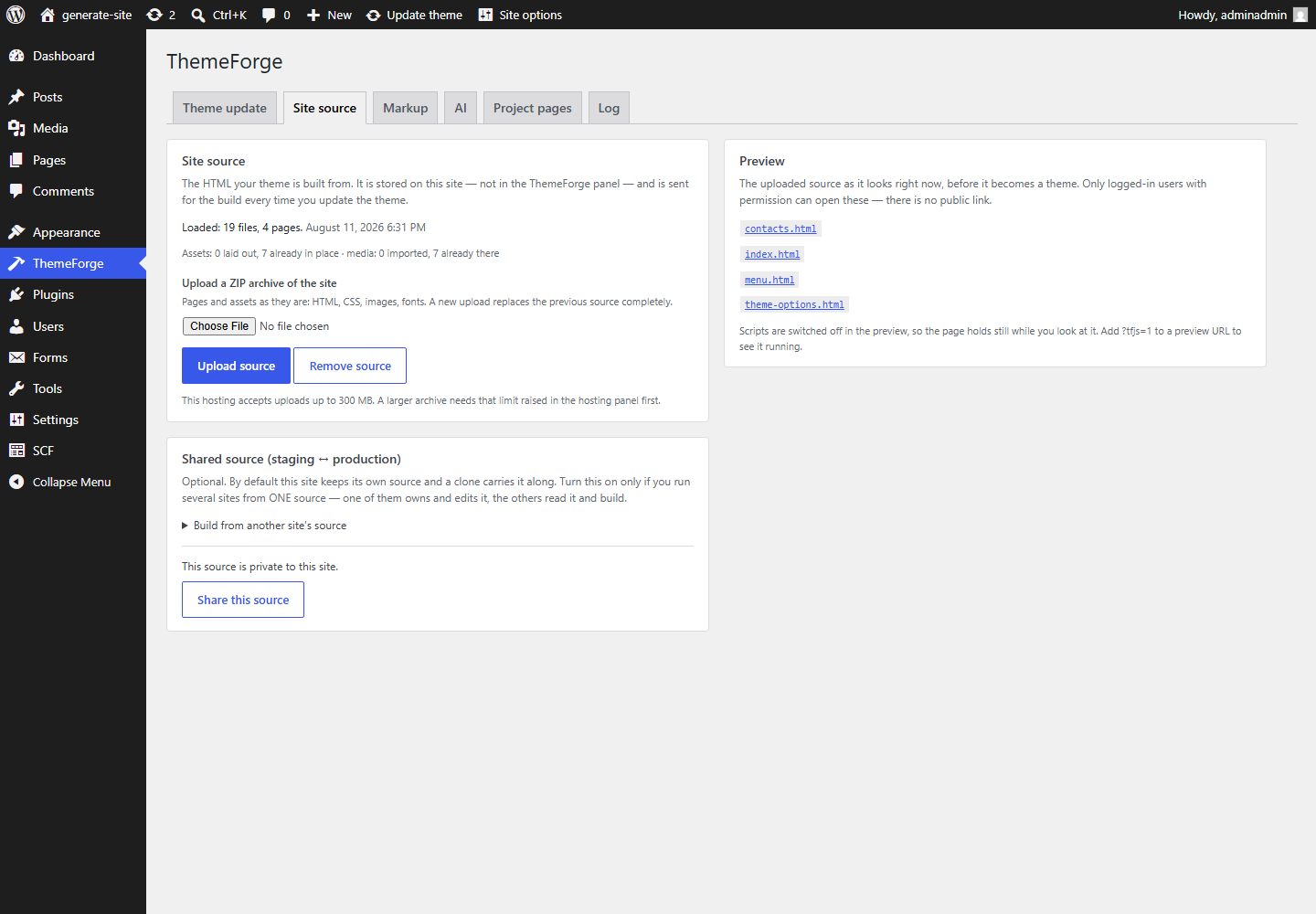 The "Site source" tab: how many files and pages are stored, what the markup asks for but the archive does not contain, and this hosting's upload limit. Next to it, a preview of the source pages.
