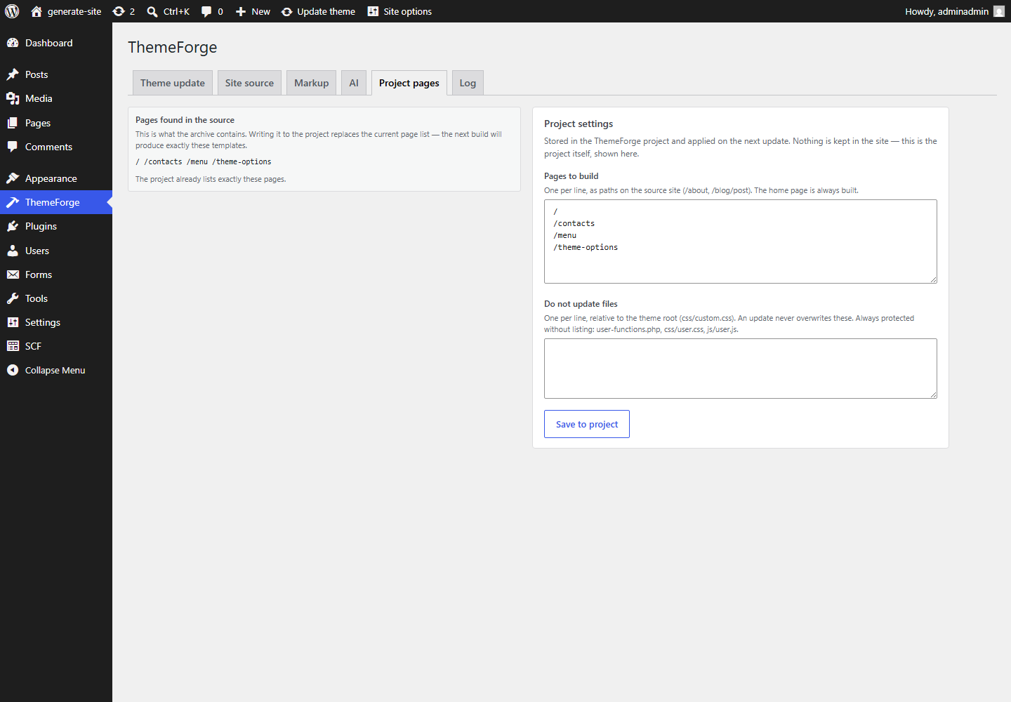 The "Project pages" tab: on the left what the archive contains, with the button that writes that list into the project; on the right what the project stores right now.