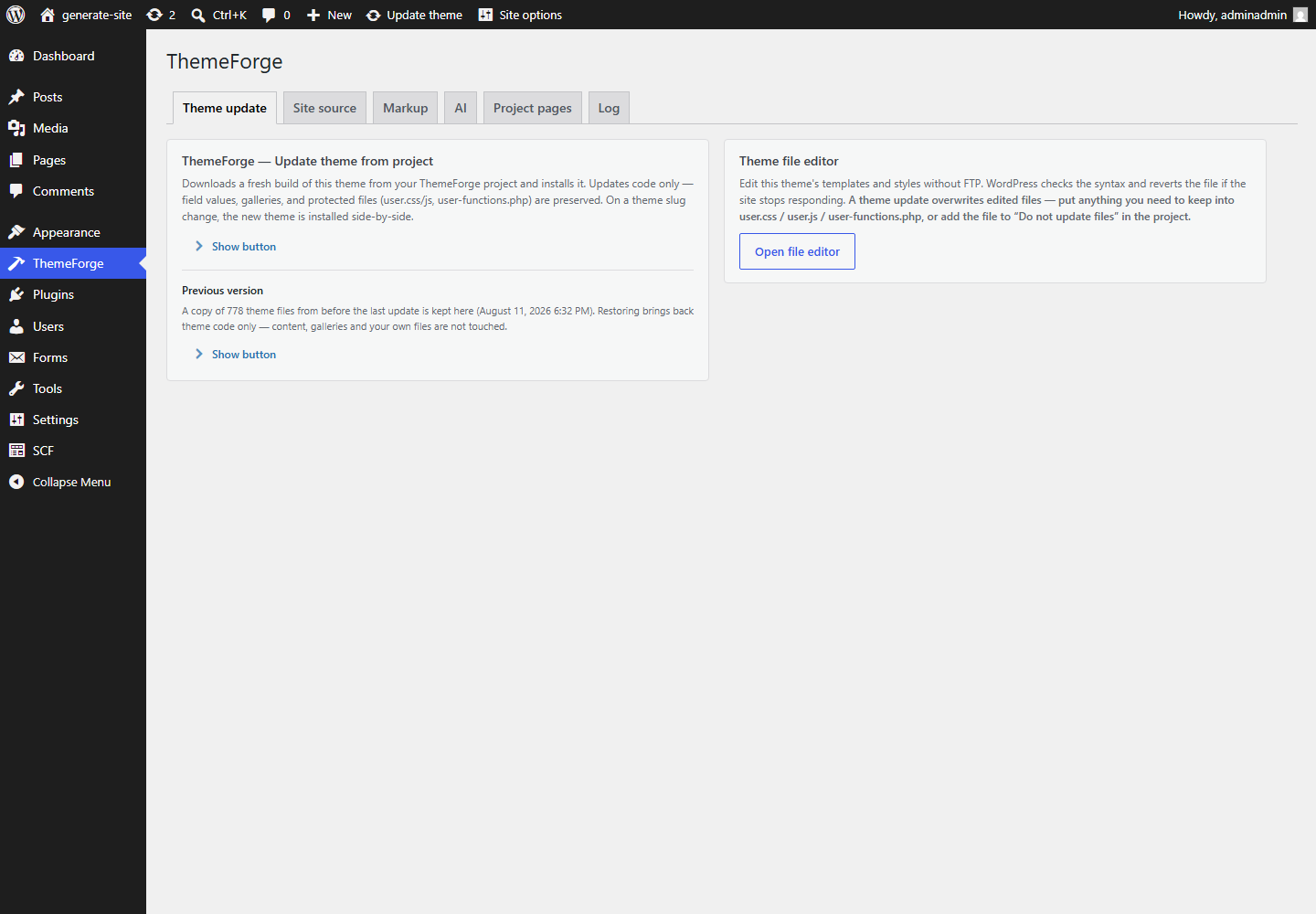 The "Theme update" tab: the button sits under a spoiler, with the update log and the restore-previous-version control beside it.