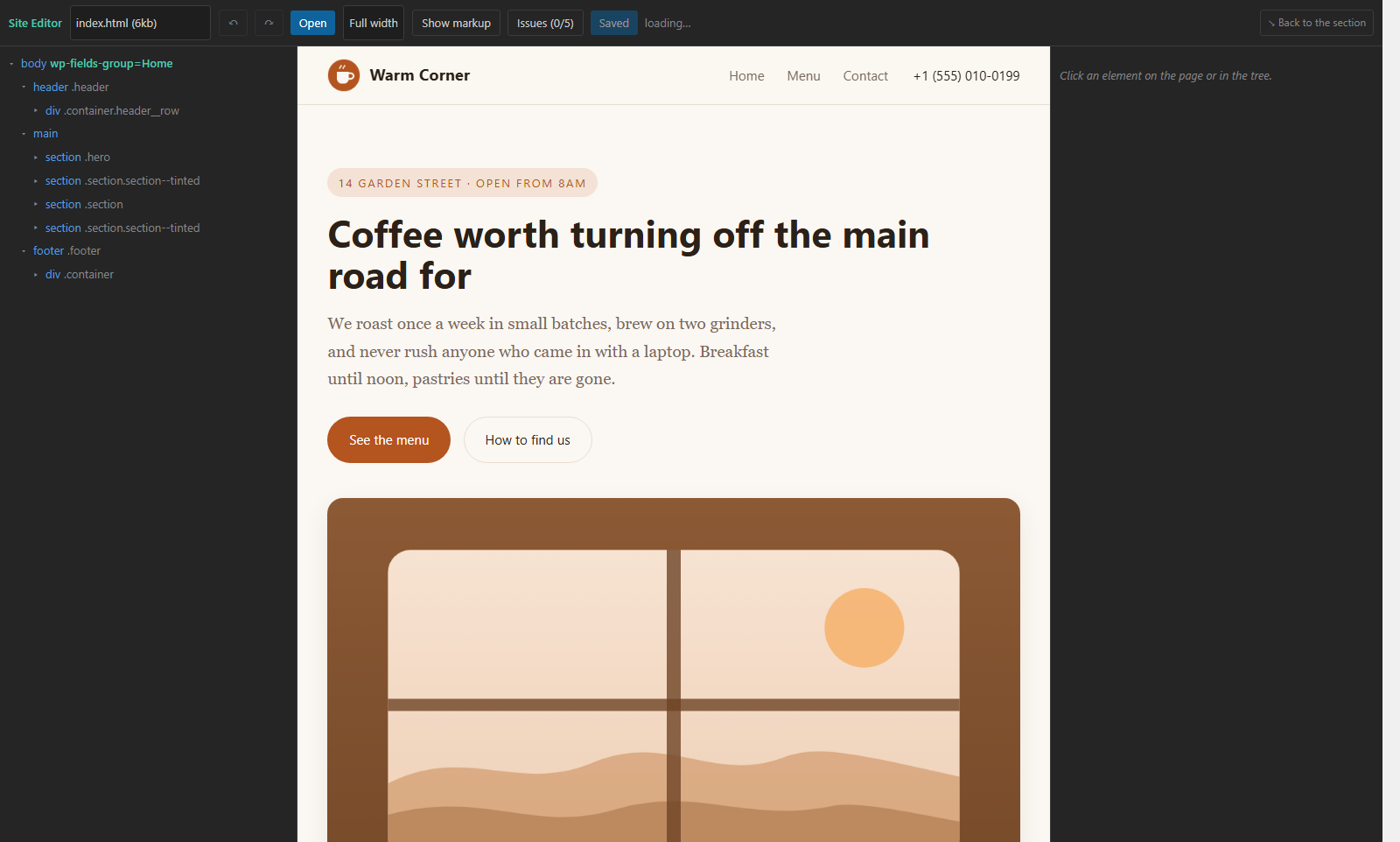 The Site Editor opened full screen in its own tab: the page tree with its attributes on the left, the page itself in the middle, the selected element's panel on the right.