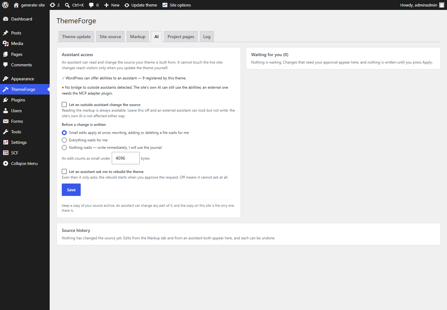 The "AI" tab: assistant access, the "before a change is written" rule, the approval queue and the history of changes with undo.