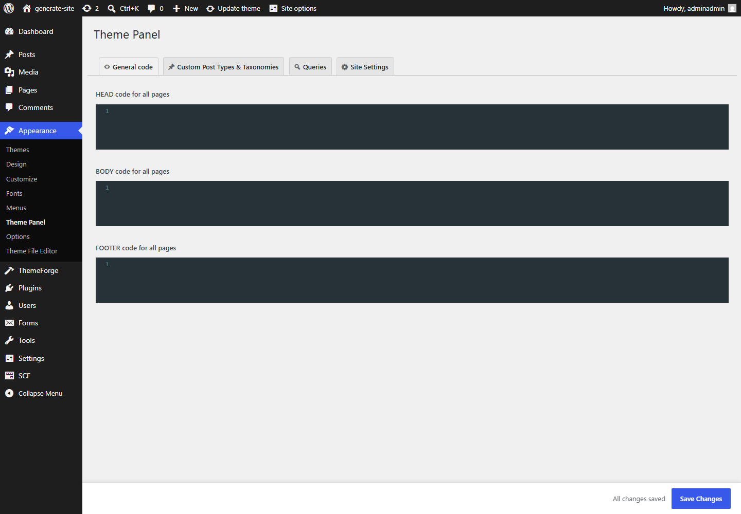 The "Site Data Import" block in the theme panel: the buttons are in the order they are pressed, the log of past runs is on the right.