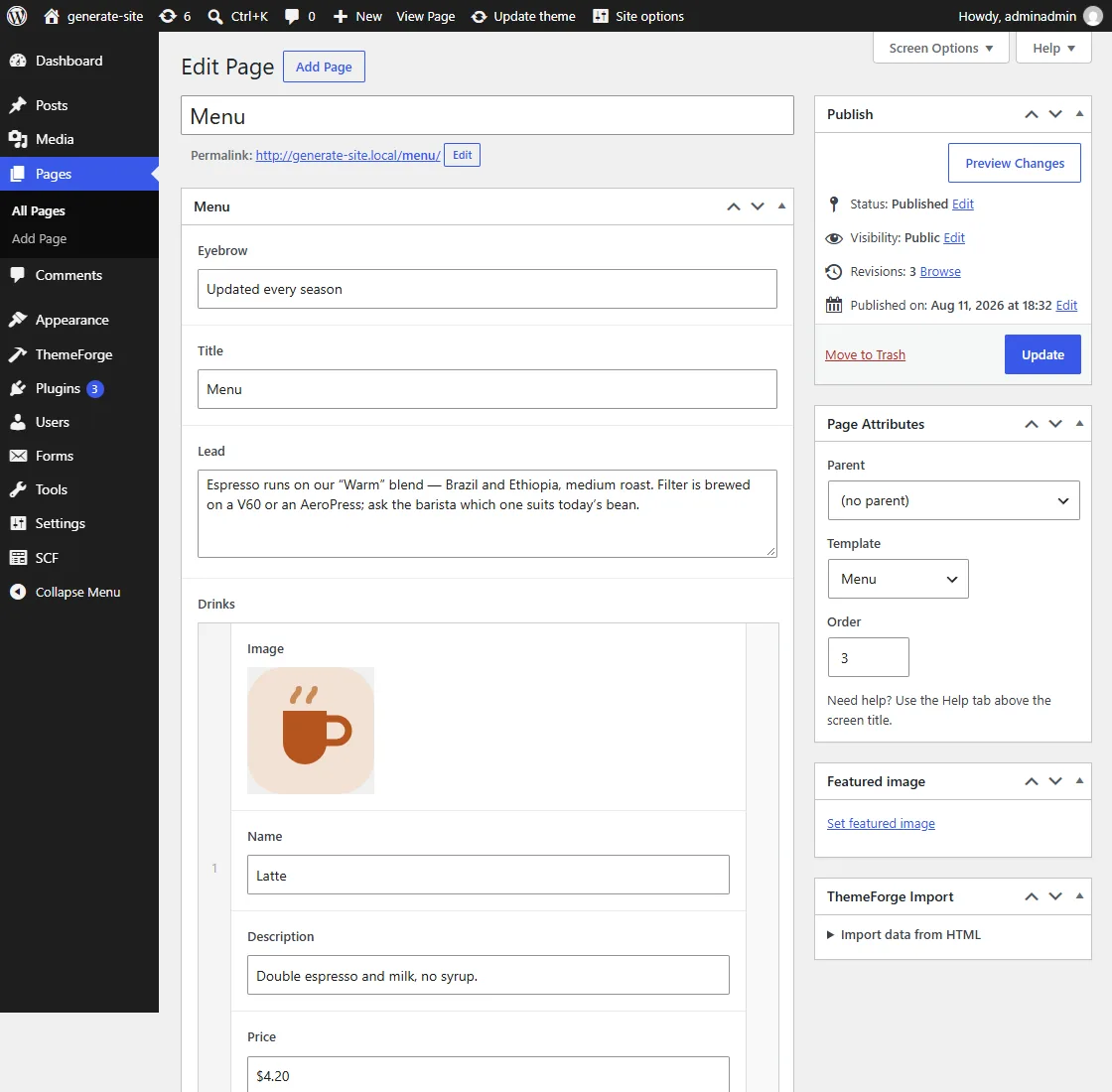 The Menu page in the WordPress admin: the Eyebrow, Title and Lead fields and the first row of the Drinks list