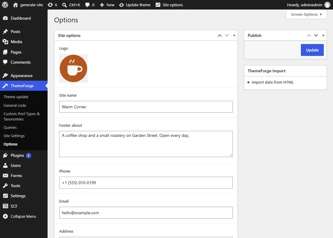 The Options screen in the ThemeForge menu: logo, site name, footer text, phone and email
