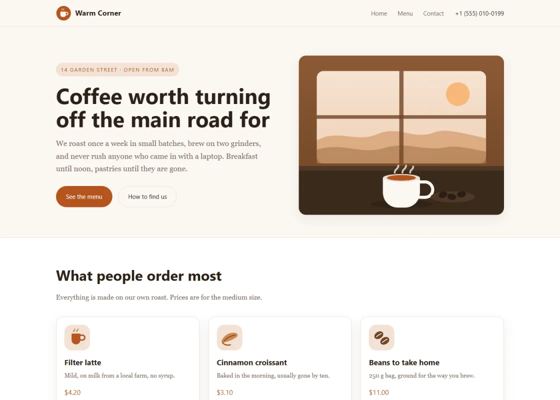 The Warm Corner home page in WordPress after the build: a hero with a café window and three menu cards